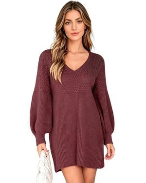 KoJooin Kleid Damen-Strickkleid Mit V-Ausschnitt,Langen Ärmeln Und Struktur Lässiges Herbstkleid Aus Strick - Lila