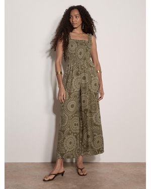 Apricot Kaleidoscope Shirred Wide-Leg Jumpsuit - Grün