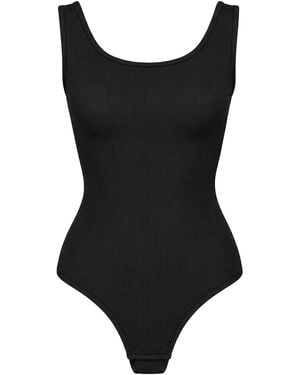 cfab Body Ribbed Tank Sculpting Bodysuit With String - Schwarz