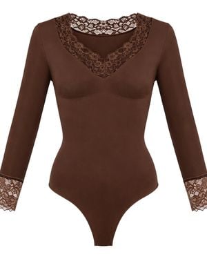 cfab Shapingbody Clean Longsleeve V-Neck With Lace Sculpting Bodysuit With String - Braun