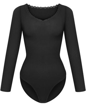 cfab Body Ribbed Longsleeve V-Neck Sculpting Lace Bodysuit With Slip - Schwarz