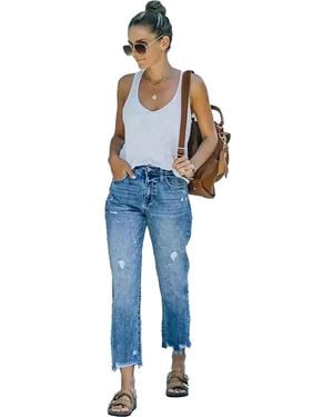 KoJooin Jeans Damen 7/8 Straight Leg Jeans Mit Used-Effekten Und Lässigen Destroyed-Details - Blau