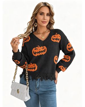 KoJooin Pullover Damen V-Ausschnitt Pullover Mit Halloween-Kürbis-Motiv Farbkontrast,Gestrickter Langarm-Pullover - Grau