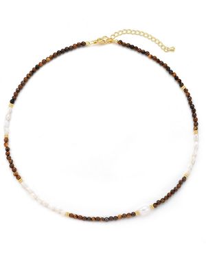 MayTree Kette Edelsteinkette Mit Tigeraugen Und Süßwasserperlen, Kupfer Vergoldet - Mettallic