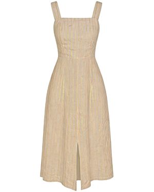 Haris Cotton Kleid Square Neck Striped Linen Tie Back Dress With Front Slit - Weiß