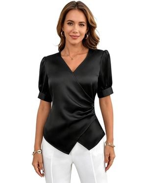 KoJooin Bluse Satinbluse Für Damen, V-Ausschnitt, Kurze Ärmel, Gerafft, Lässiges Büro-Top - Schwarz
