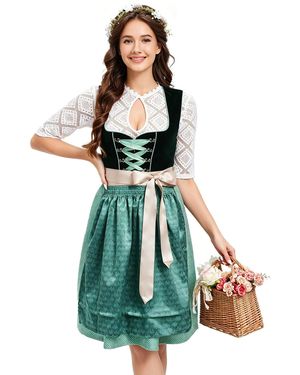 KoJooin Dirndl Damen 3-Teiliges Dirndl-Stil Set Mit Jacquardschürze Und Mesh-Bluse - Grün
