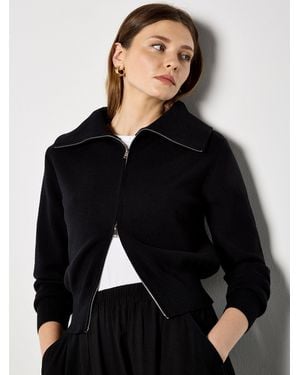 Apricot Double Zip Ribbed Knit Cardigan - Schwarz