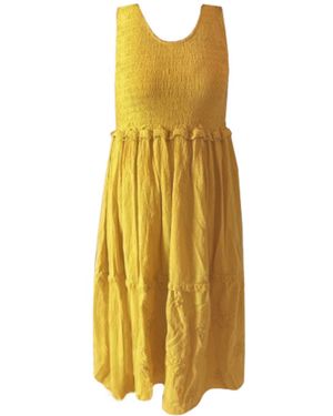 Apricot Floral Embroidered Cotton Midi Dress - Gelb