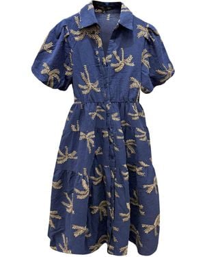 Apricot Embroidered Palms Cotton Midi Dress - Blau
