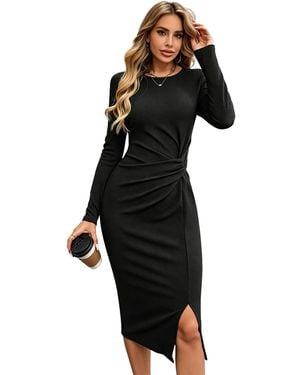 KoJooin Cocktailkleid Damen Abendkleid Mit Rundhals, Langen Ärmeln Und Knoten-Saum Schlichtes,Elegantes Kleid Mit Schlitz - Schwarz
