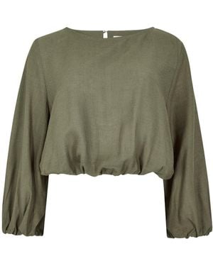 Apricot Linen Blend Bubble Hem Crop Top - Grün