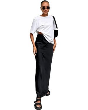 KoJooin Kleid Damen Hoher Bund Satin Maxirock Fließender Fall Gerader Schnitt Lang Bleistiftrock Elegant Rock - Schwarz