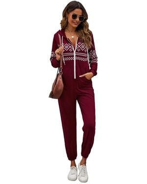 KoJooin Jumpsuit Damen Overall Mit Print, Kapuze, Kordelzug, Langen Ärmeln Und Taschen Bequemer Freizeit Jumpsuit - Rot