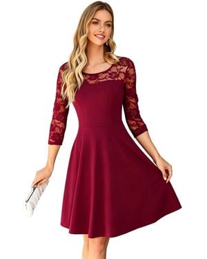 KoJooin Abendkleid Vintage-Brautjungfernkleid Mit Floraler Spitze, 2/3-Ärmeln Und Passendem Design - Rot