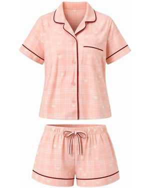 LEAFLETIC Shorty Check Night Wear Short Set For - Pink