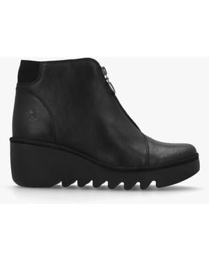 Fly London Baaz Leather Front Zip Wedge Ankle Boots Leather - Black