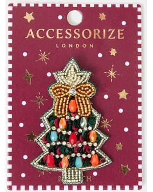 Accessorize Beaded Christmas Tree Brooch - Red