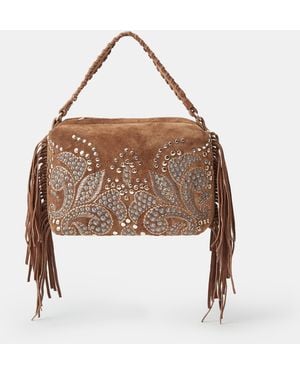 Accessorize Suede Embroidered Fringe Shoulder Bag - White