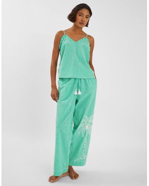 Accessorize Embroidered Stripe Long Pyjamas Set - Green