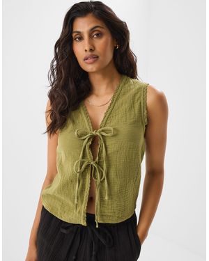 Accessorize Cotton Crinkle Tie-Front Waistcoat - Green