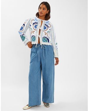Accessorize Embroidered Cotton Tie-Front Jacket - Blue