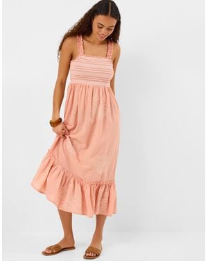 Accessorize Floral Embroidered Smocked Midi Dress - Pink