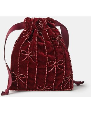 Accessorize Embellished Bow Velvet Drawstring Bag - Red
