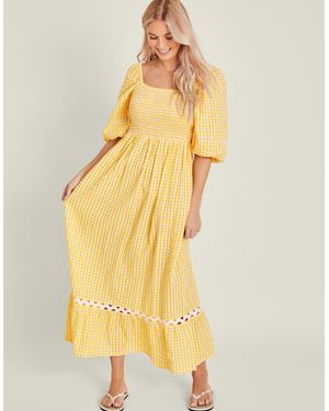 Accessorize Cotton Gingham Puff Sleeve Maxi Dress - Yellow