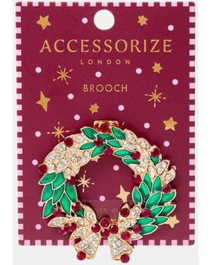 Accessorize Christmas Wreath Brooch - Red