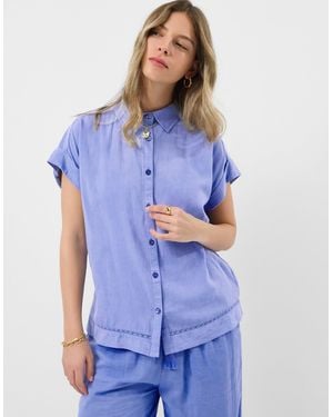 Accessorize Short Sleeve Collared Shirt T-Shirts Regular Lace Trim Linen - Blue