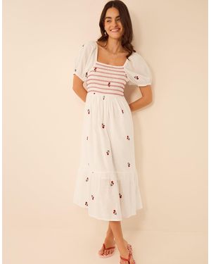 Accessorize Cotton Cherry Embroidered Puff Sleeve Midi Dress - Natural