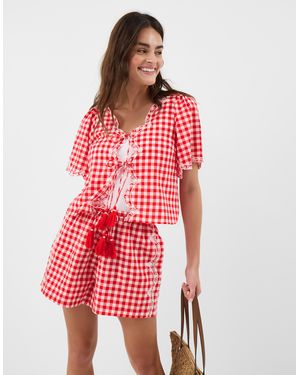 Accessorize Cotton Gingham Cutwork Short Sleeve Top - Red