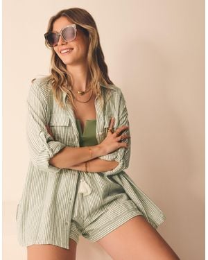 Accessorize Short Sleeve Collared Cotton Regular Striped Stripe Shirt - Natural