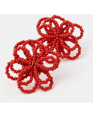 Accessorize Beaded Statement Flower Stud Earrings - Red