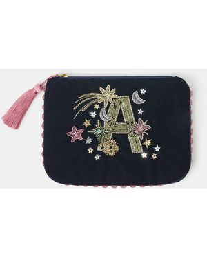 Accessorize Embellished Initial Velvet Pouch - Blue