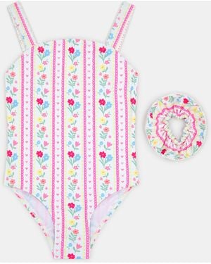 Accessorize Sleeveless Low Back Floral Print Polyester Swimsuit & Hair Scrunchie Set, Size: 3-4 Years, Girl's - Pink