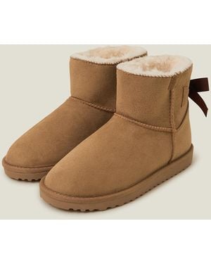 Accessorize Bow Faux Fur-Lined Suedette Boots - Natural