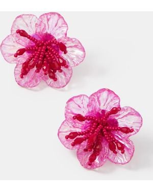 Accessorize Beaded Hibiscus Stud Earrings - Pink