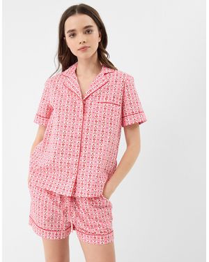 Accessorize Short Sleeve Collared Neck Cotton Heart Print Shorts Pyjama Set - Pink