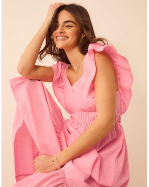 Accessorize Midi Cotton Short Sleeve V-Neck Ruffle Beach Casual Regular A - Pink