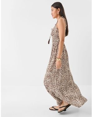 Accessorize Sleeveless Leopard Print Midi Dress Casual Square Neck Fit Cotton - Natural