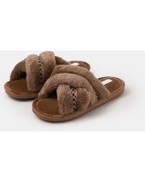 Accessorize Fluffy Braid Crossover Slide Slippers - Brown