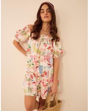 Accessorize Postcard Print Puff Sleeve Mini Dress Multi - Natural
