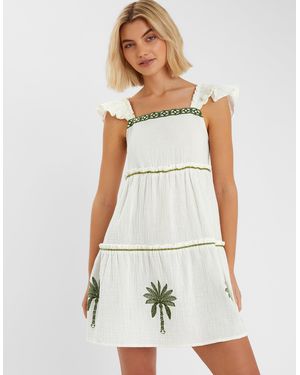 Accessorize Palm Embroidered Frilly Mini Dress - White