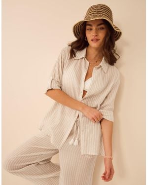 Accessorize Short Sleeve Collared Shirt Regular Cotton Shimmer Stripe - Natural