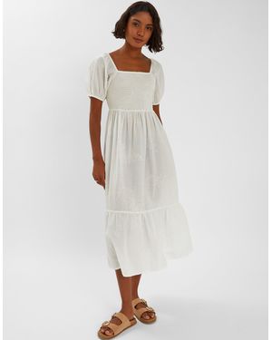 Accessorize Embroidered Puff Sleeve Cotton Midi Dress - White