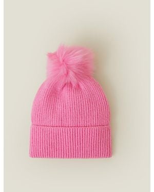 Accessorize Faux Fur Pom Rib Beanie Hat - Pink