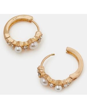 Accessorize Mini Diamanté Pearl Encrusted Hoop Earrings - Metallic
