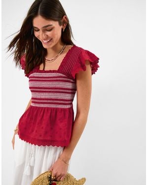 Accessorize Smocked Broderie Top - Red